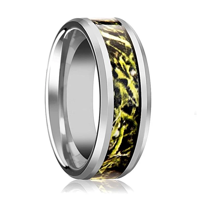 split shank engagement rings for women-Green Marsh Camoflage inlaid Men's Tungsten Wedding Band with Bevels - 8MM