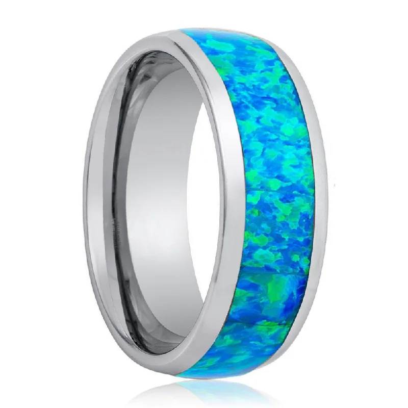 cushion engagement rings for women-TROPIC | Tungsten Ring Synthetic Opal Inlay