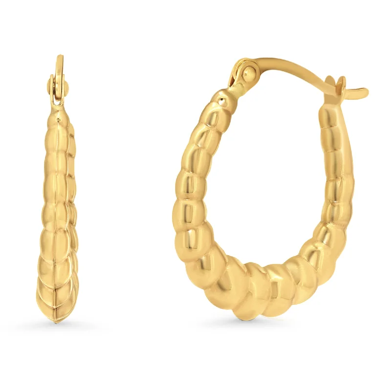 gold hoop earrings for women-14k Yellow Gold Ribbed Oval Hoop Earrings with Latch Back - Small