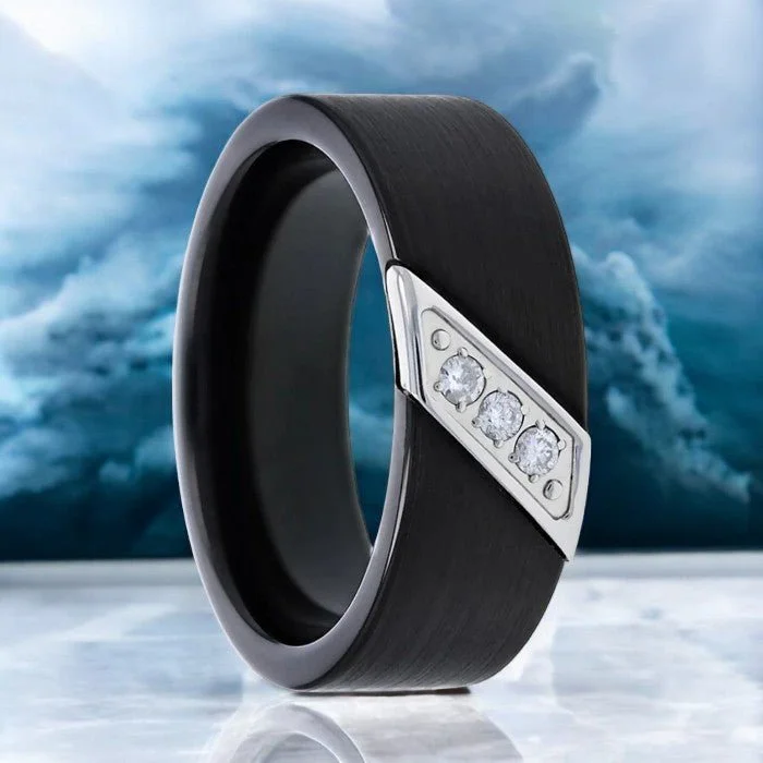 bridal engagement rings for women-LIAM | Black Tungsten Ring, 3 White Diamond Inlay, Flat