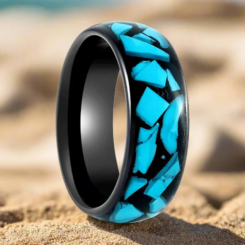 luxurious diamond engagement rings for women-ADONIS | Black Tungsten Ring Blue Turquoise Fragments Inlay