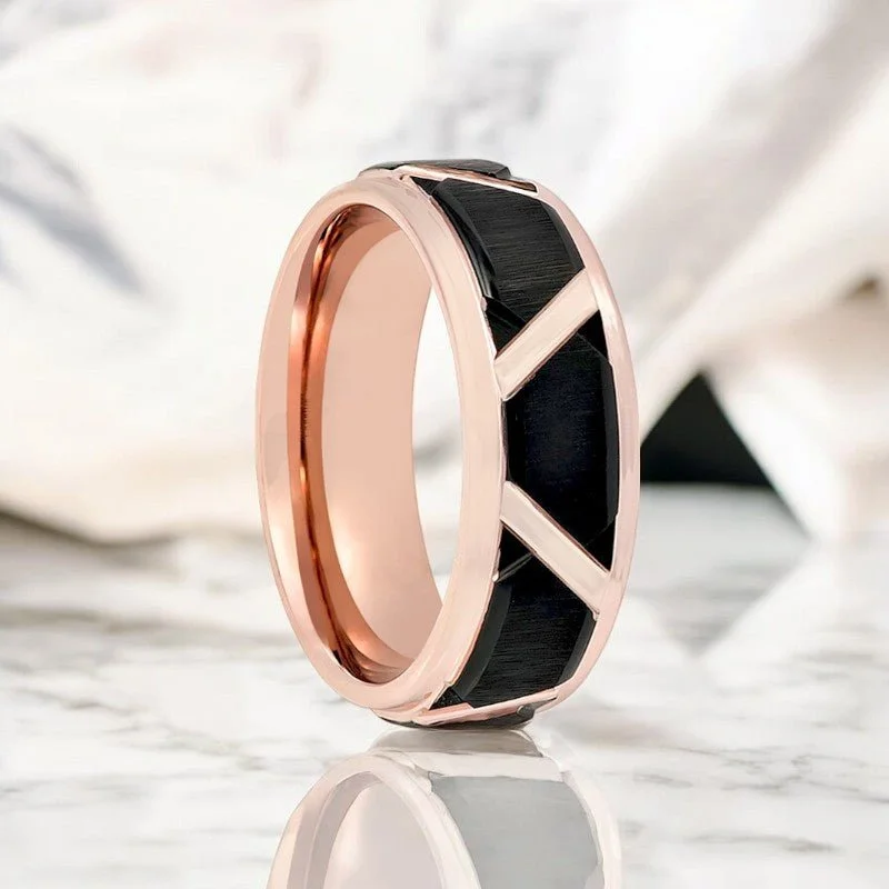 elegant engagement rings for women-HILVEN | Rose Gold Tungsten Ring, Black Trapezoids Design, Stepped Edge