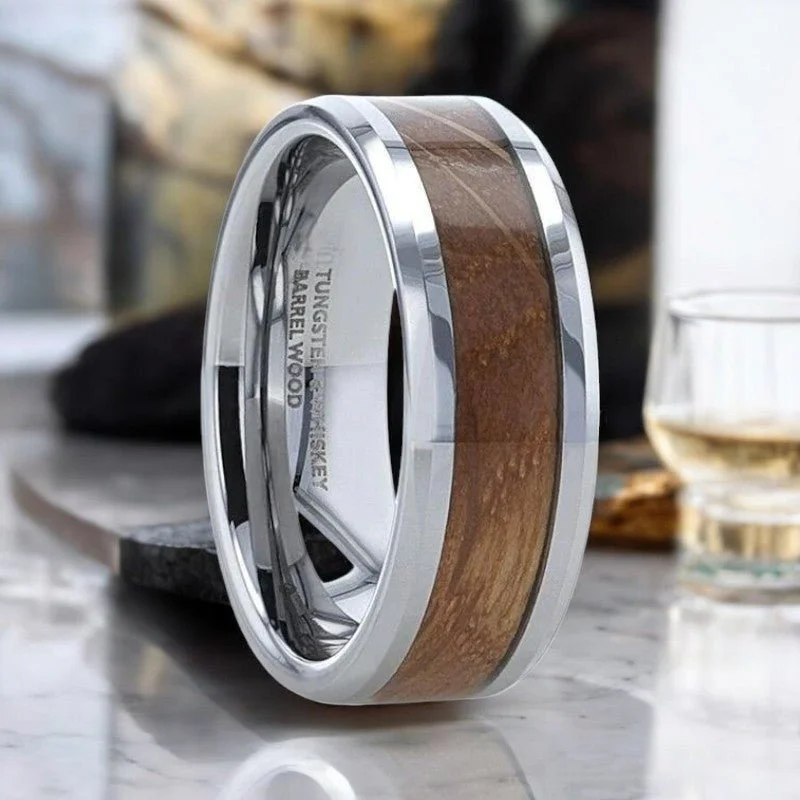 white gold engagement rings for women-DISTILLED | Silver Tungsten Ring, Whiskey Barrel Inlay, Beveled