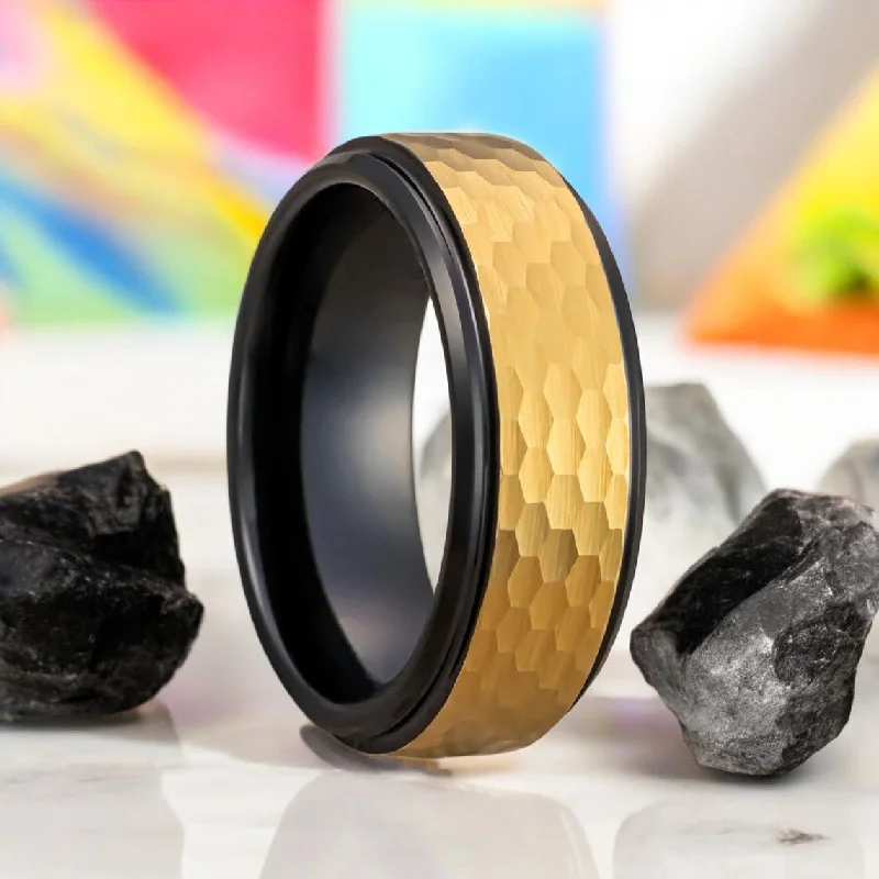 engagement rings with colored stones for women-OZAK | Black Tungsten Ring, Gold Hammered Center, Stepped Edge