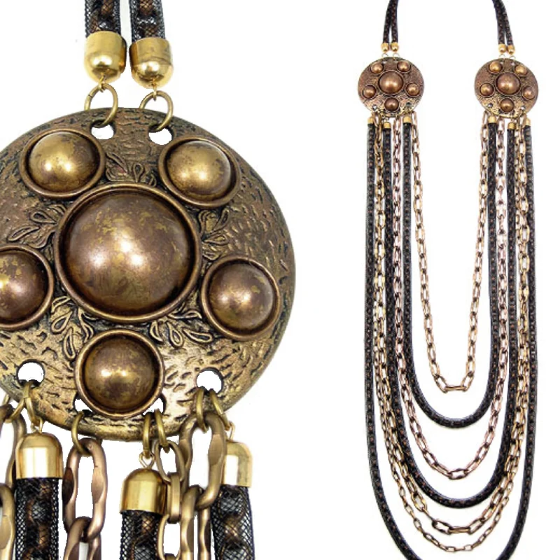 short necklaces for women-#837n Old Brass Medallion & Chain Multi Strand Oversized Necklace