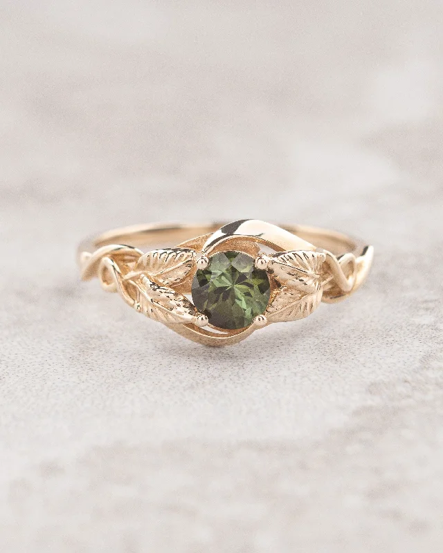 Forest green tourmaline engagement ring with golden leaves / Azalea