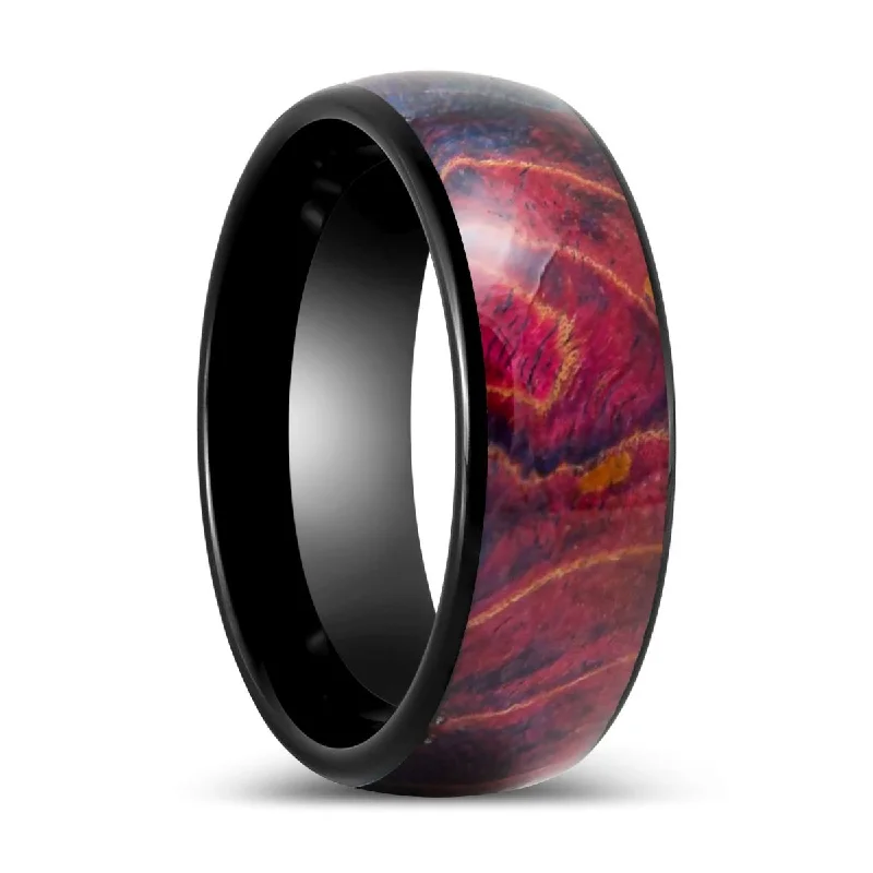 modern round engagement rings for women-KEMPS | Black Tungsten Ring, Burl Wood Inlay, Domed