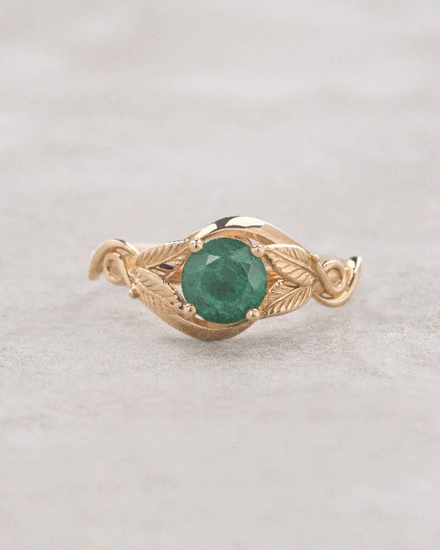 Gorgeous natural emerald engagement ring with golden leaves / Azalea