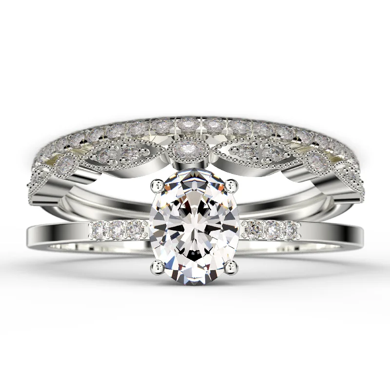 unique engagement rings for women-Beautiful Unique Art Deco
 2.50 Carat Oval Cut Diamond Moissanite Engagement Ring, Classic Wedding Ring, Two Matching Band in 10k/14k/18k Solid Gold, Gift For Her, Promise Ring, Trio Set