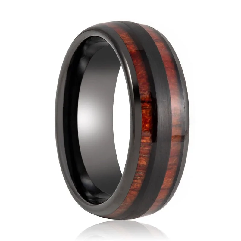 stylish engagement rings for women-DAPPER | Black Tungsten Ring, Double Koa Wood Inlay, Domed