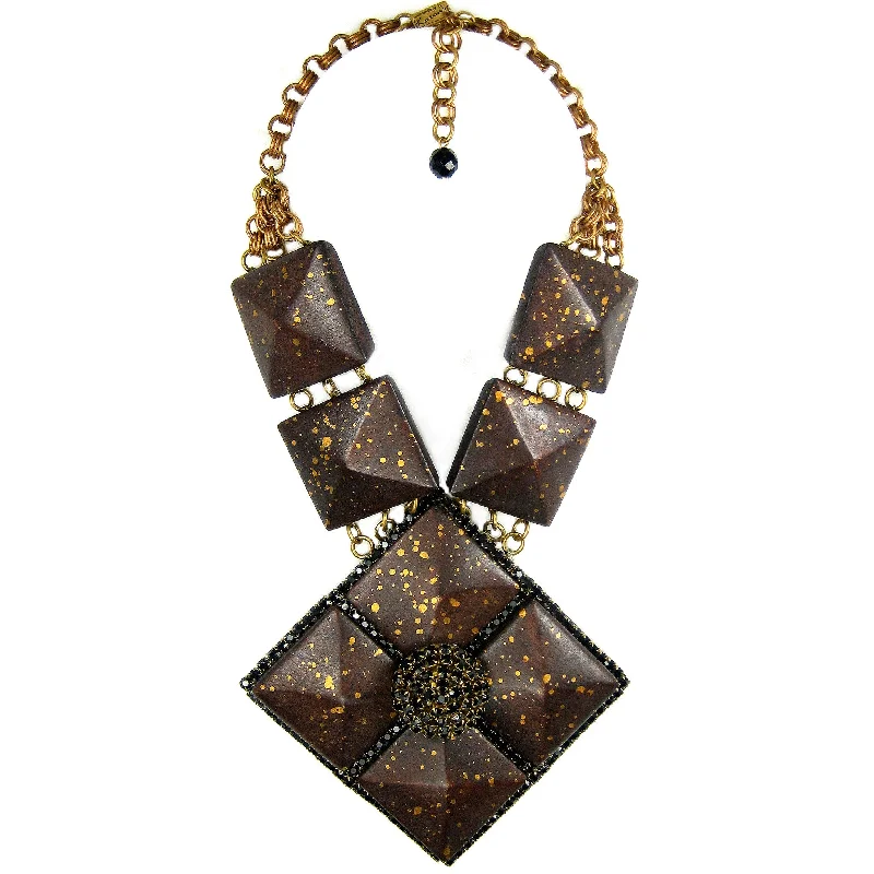 gold chain necklaces for women-#859n Espresso & Gold Wood Tile Pendant Necklace With Jet Rhinestone