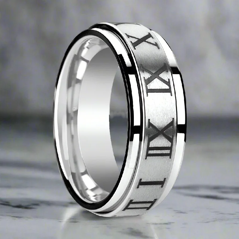 rare engagement rings for women-IMPERIUS | Silver Tungsten Ring, Fidget Spinner, Roman Numerals Engraved