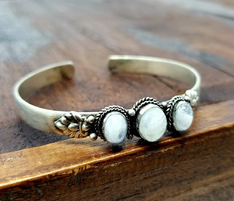 bangle bracelets for women-Triple Moonstone Adjustable Tibetan Bangle Tribal Gemstone Jewelry