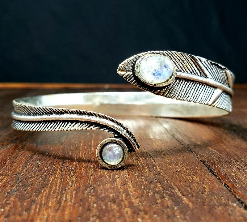 simple bracelets for women-Moonstone Forest Feather Arm Cuff