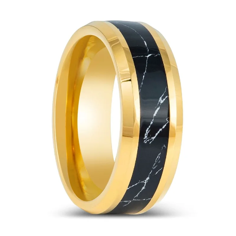 custom engagement rings for women-PAVO | Yellow Tungsten Ring Black Turquoise Inlay