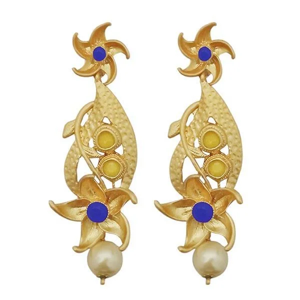 stylish earrings for women-Kriaa Blue Austrian Stone Pearl Drop Gold Plated Dangler Earrings - 1313116A