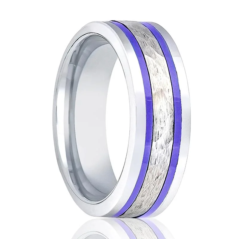 engagement rings with pearl accents for women-SKYFORCE | Silver Tungsten Ring, Hammered, Two Blue Hue Trims, Flat