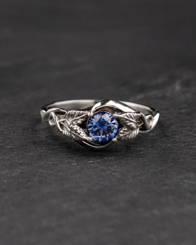 Natural clear sapphire engagement ring with golden leaves design / Azalea