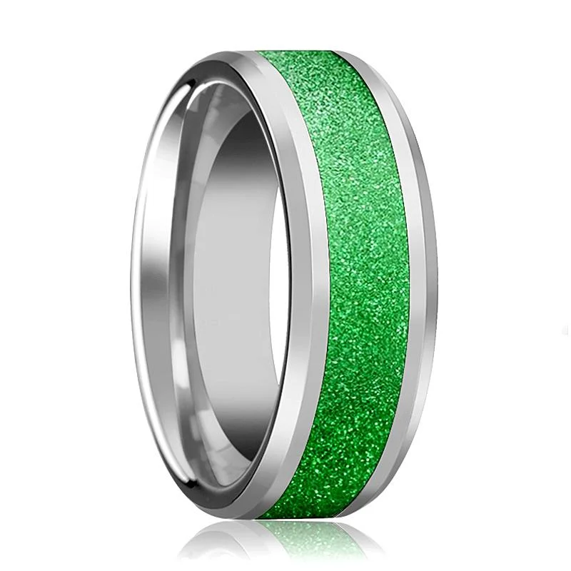 wedding engagement rings for women-Men's Tungsten Wedding Band with Green Sparkling Inlay and Bevels - 8MM