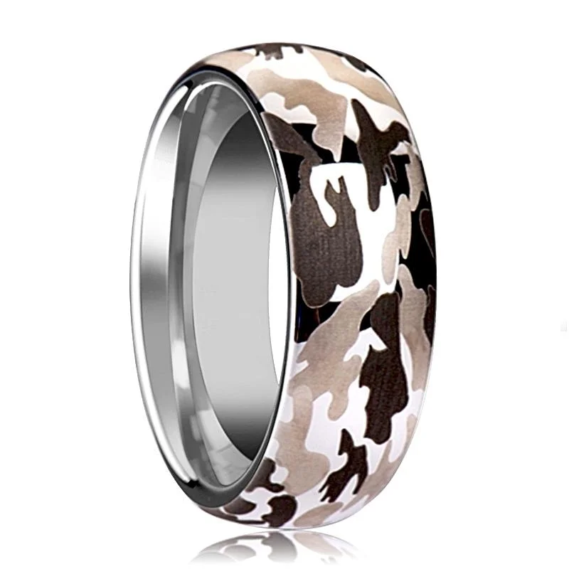 two-stone engagement rings for women-BATTALION | Silver Tungsten Ring, Black and Gray Camo, Domed