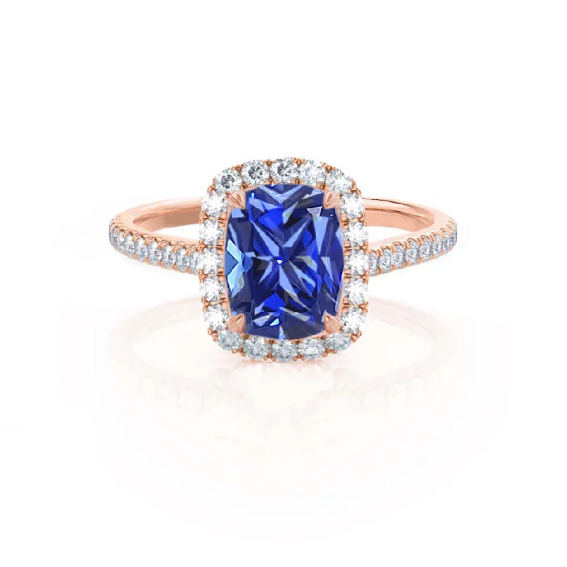 DARLEY - Chatham® Blue Sapphire Elongated Cushion Micro Pavé 18k Rose Gold Halo