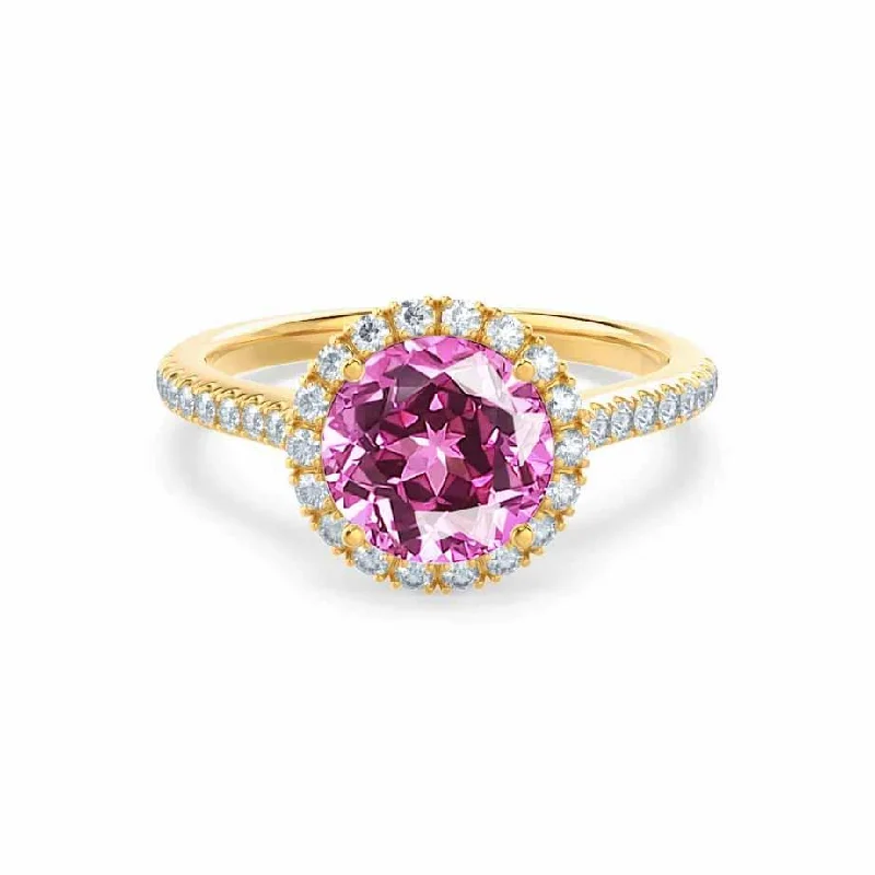 LAVENDER- Chatham® Pink Sapphire & Diamond 18k Yellow Gold Petite Halo