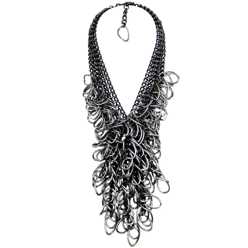 chic chain necklaces for women-#957n Black Chain & Gunmetal Link Long Fringed Bib Necklace