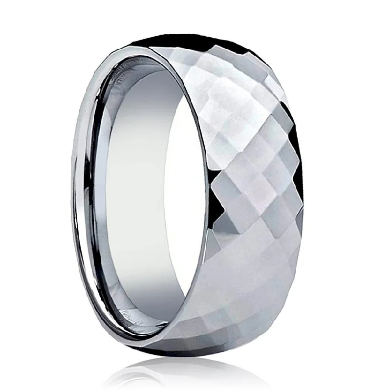 platinum engagement rings for women-RANGER | Silver Tungsten Ring, Faceted, Domed