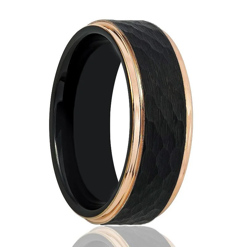 minimalist platinum engagement rings for women-VOLANTIS | Black Tungsten Ring, Hammed, Rose Gold Stepped Edge