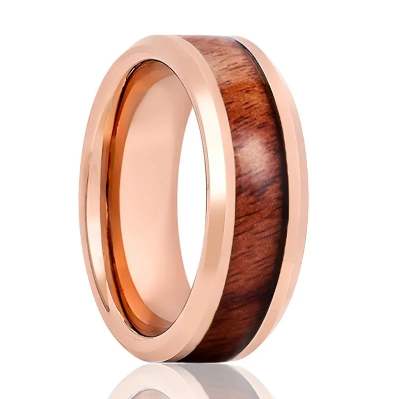 sparkling engagement rings for women-RUSTIC | Rose Gold Tungsten Ring, Koa Wood Inlay, Beveled