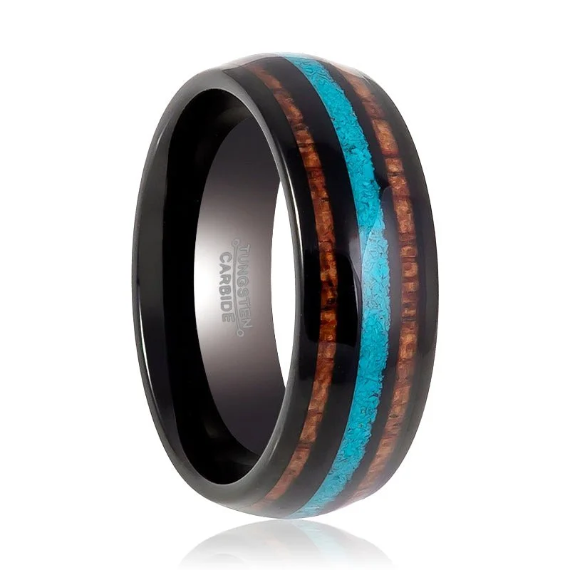 elegant emerald engagement rings for women-RYKER | Black Tungsten Ring, Koa Wood & Turquoise Inlay, Domed