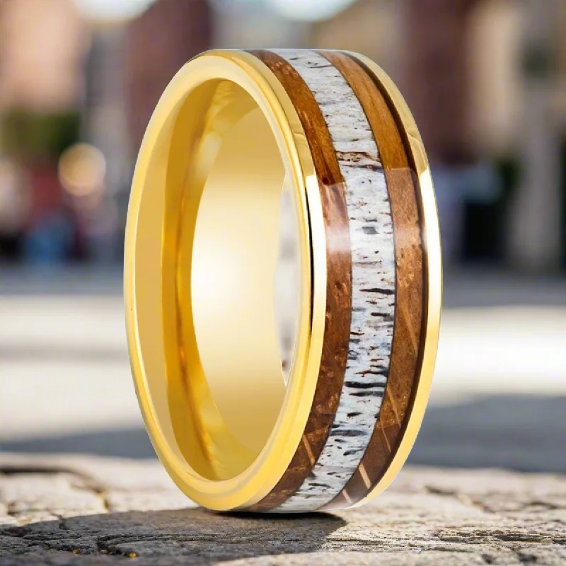 ethically sourced engagement rings for women-OAKRIDGE | Yellow Tungsten Ring, Whiskey Barrel & Deer Antler Inlay