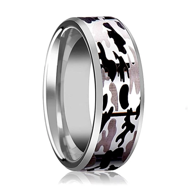 sparkling engagement rings for women-Silver Polished Men's Tungsten Wedding Band W/ Black and Gray Camo Inlay and Bevels - 8MM