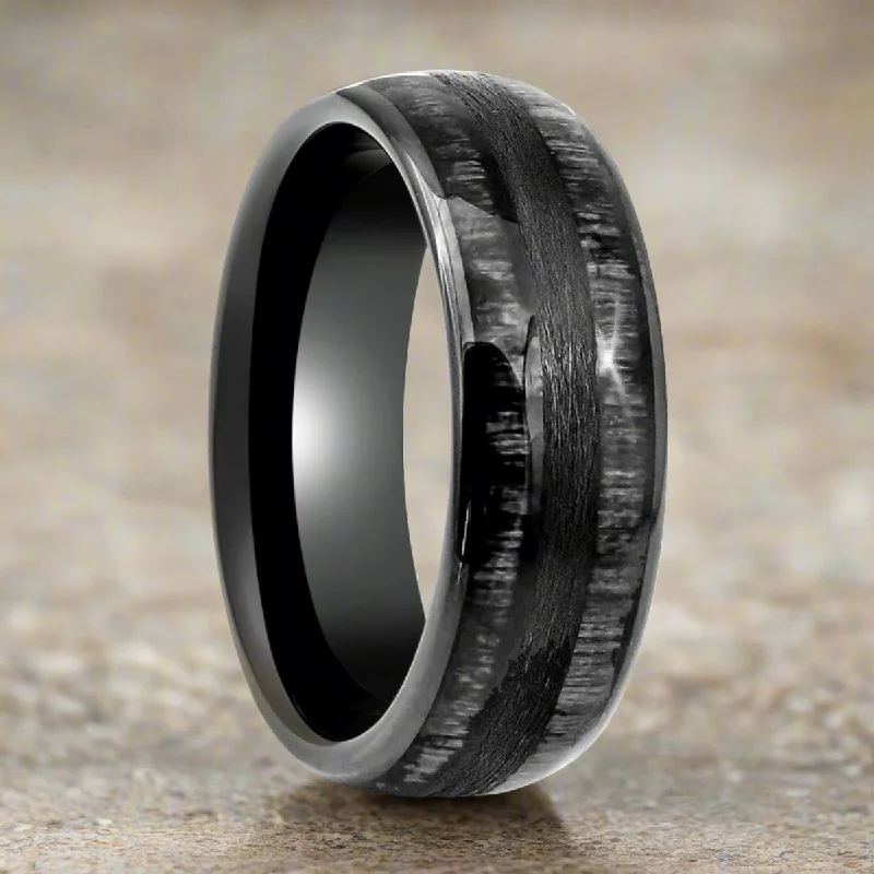 cushion engagement rings for women-LUQUE | Black Tungsten Ring, Charcoal Wood Inlay, Domed