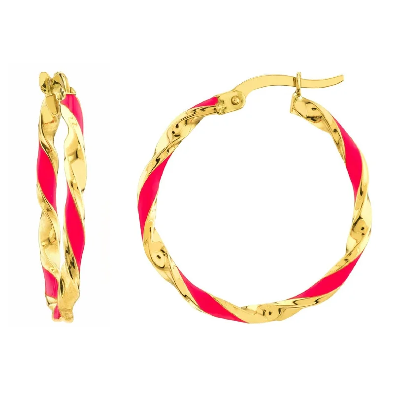 crystal earrings for women-14k Yellow Gold Pink Striped Twist Hoop Earrings with Latch Back, 1 Inch