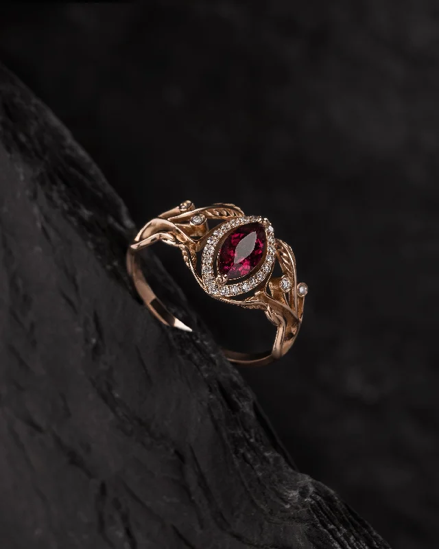 Gothic engagement ring with pink tourmaline and diamond halo / Callisto