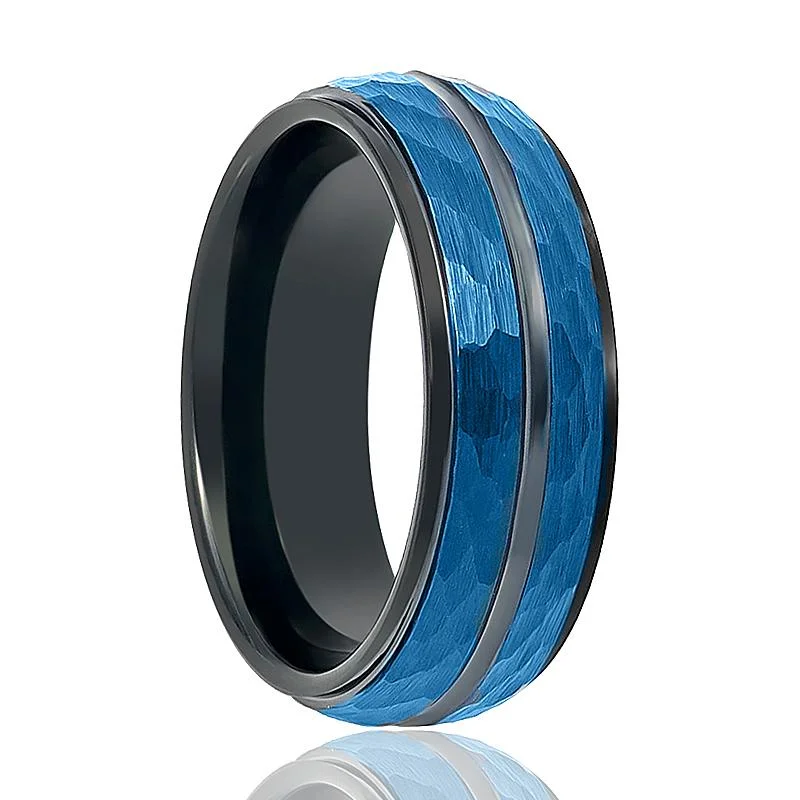 affordable engagement rings for women-HARLO | Black Tungsten Ring, Blue Hammered, Black Groove, Stepped Edge