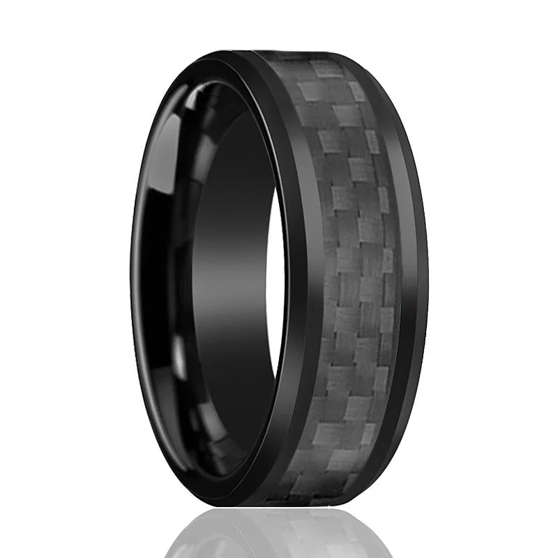 emerald engagement rings for women-LUCIUS | Black Tungsten Ring, Black Carbon Fiber Inlay, Beveled