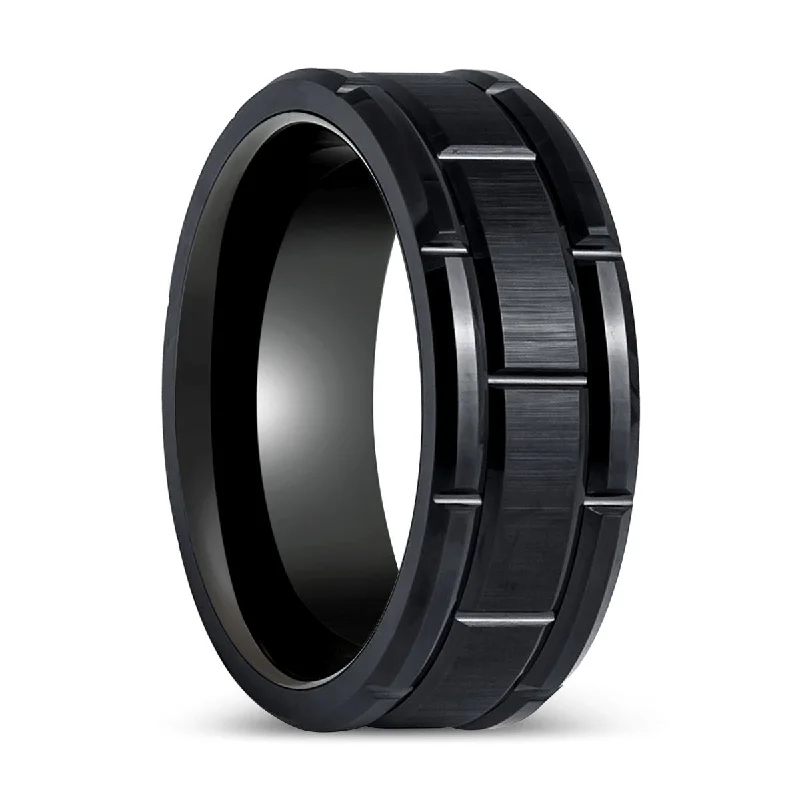 designer engagement rings for women-BRICKADE | Black Tungsten Ring with Brick Pattern Design