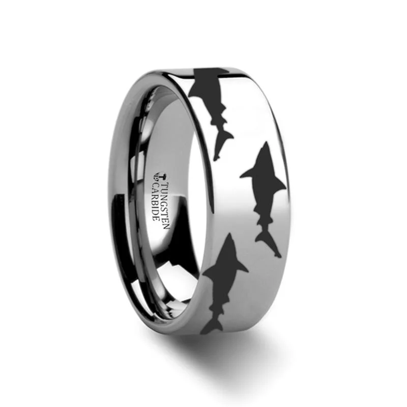 bridal engagement rings for women-Laser Engraved Shark Predator Fish Sea Pattern Print Flat Polished Tungsten Couple Matching Ring - 4MM  -12MM