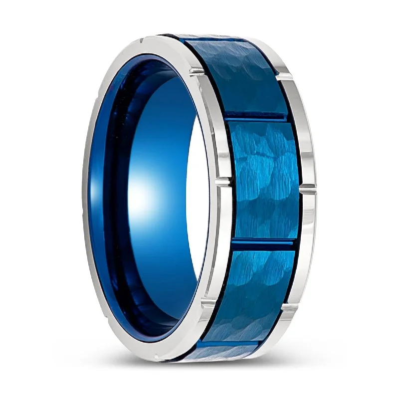 fine diamond engagement rings for women-PACHUTA | Blue Hammered Tungsten Ring with Notches