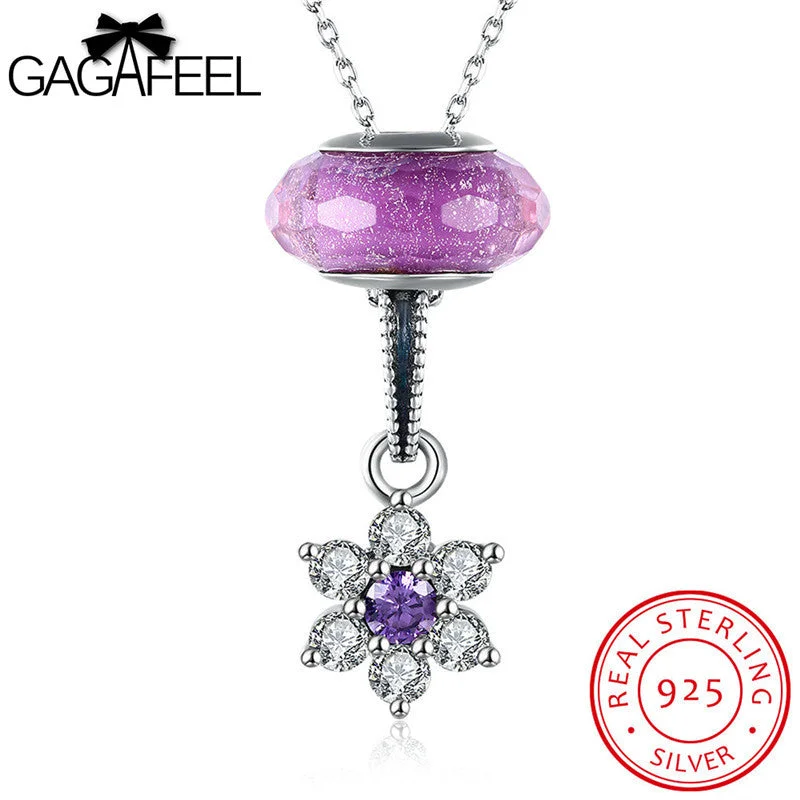 handmade necklaces for women-GAGAFEEL Long Necklace 925 Sterling Silver Jewelry Purple Color Flower Pendant