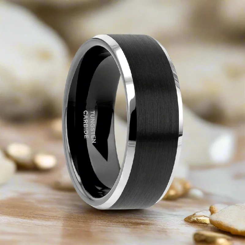 custom diamond engagement rings for women-ASTON | Black Tungsten Ring, Black Brushed, Silver Beveled Edges