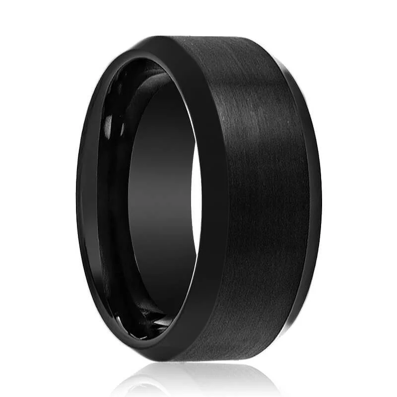 classic engagement rings for women-PORTENT | Black Tungsten Ring, Brushed, Beveled