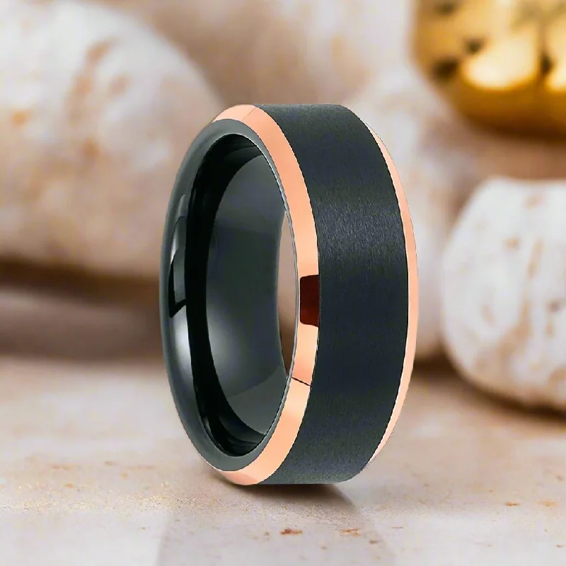 romantic engagement rings for women-LEONARD | Black Tungsten Ring, Brushed, Rose Gold Beveled