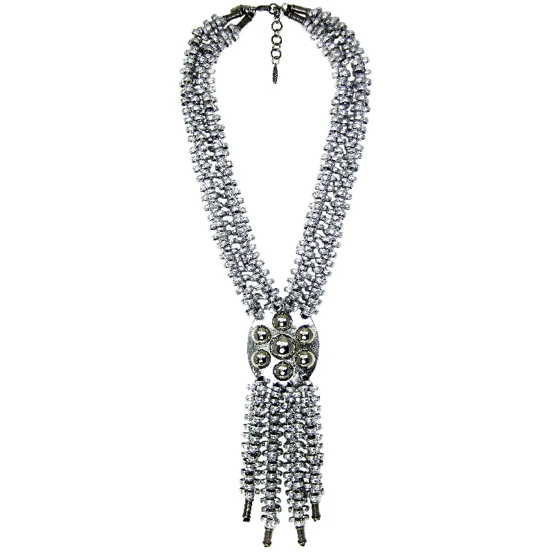 elegant heart necklaces for women-#926n Silver Deconstructed Chain Necklace With Fringed Leather & Metal Button Pendant