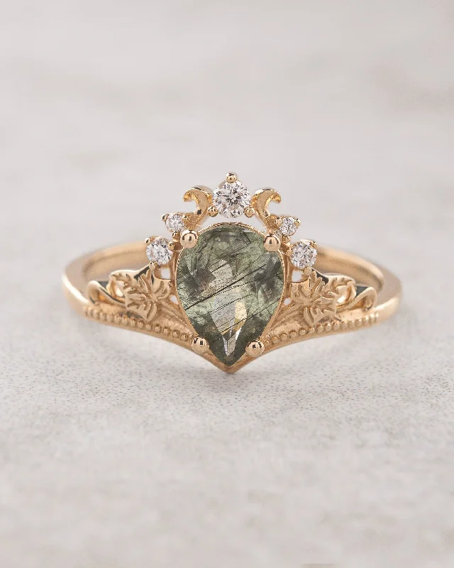 Unusual rutile peridot engagement ring, golden ring with ivy leaves / Ariadne