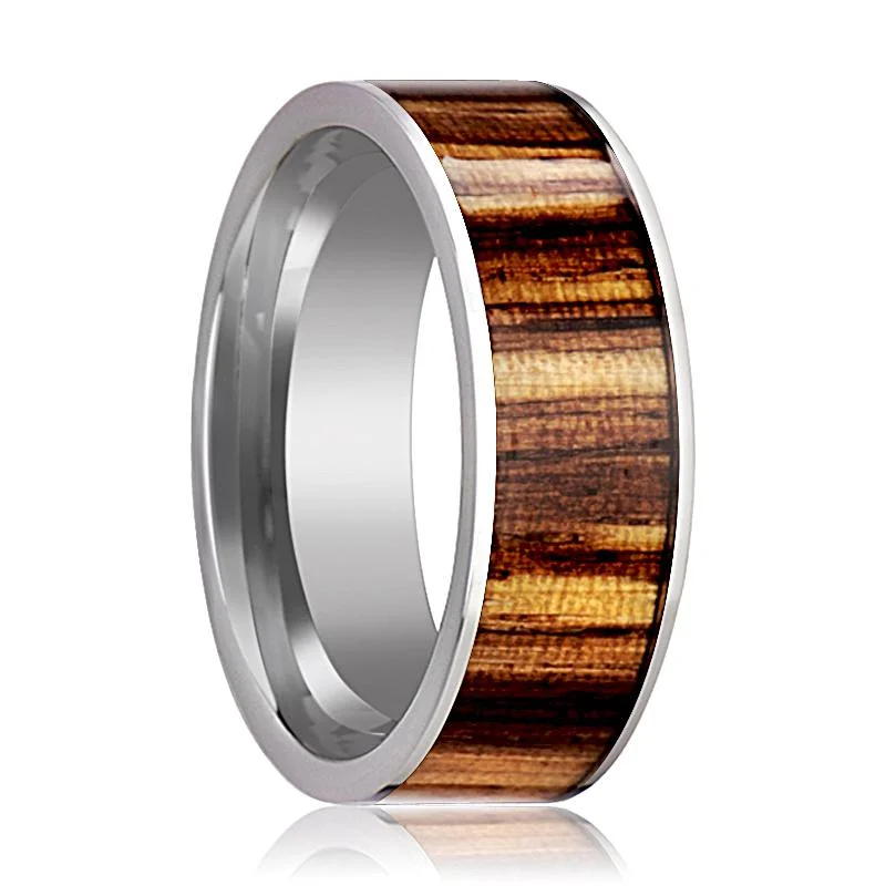 princess cut engagement rings with diamonds for women-COPAN | Silver Tungsten Ring, Zebra Wood Inlay, Flat