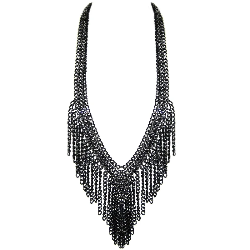 adjustable necklaces for women-#980n Black/Silver Chain Long Fringed Bib Necklace