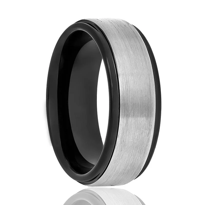 multi-stone engagement rings for women-SPHERE | Black Tungsten Ring, Grey Brushed Center, Stepped Edge